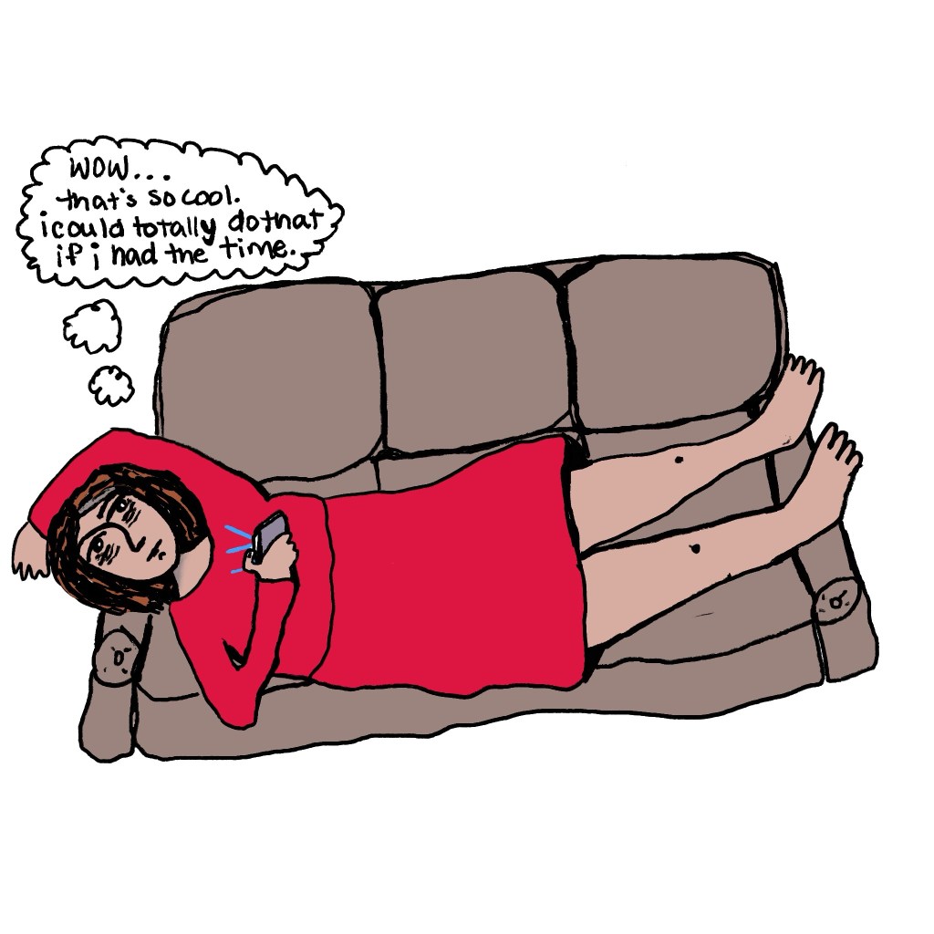 A woman still sits on a couch scrolling on her phone. She thinks to herself wow, I could totally do that if I just had the time. Her eyes show just how much damage the screen is doing to her. 