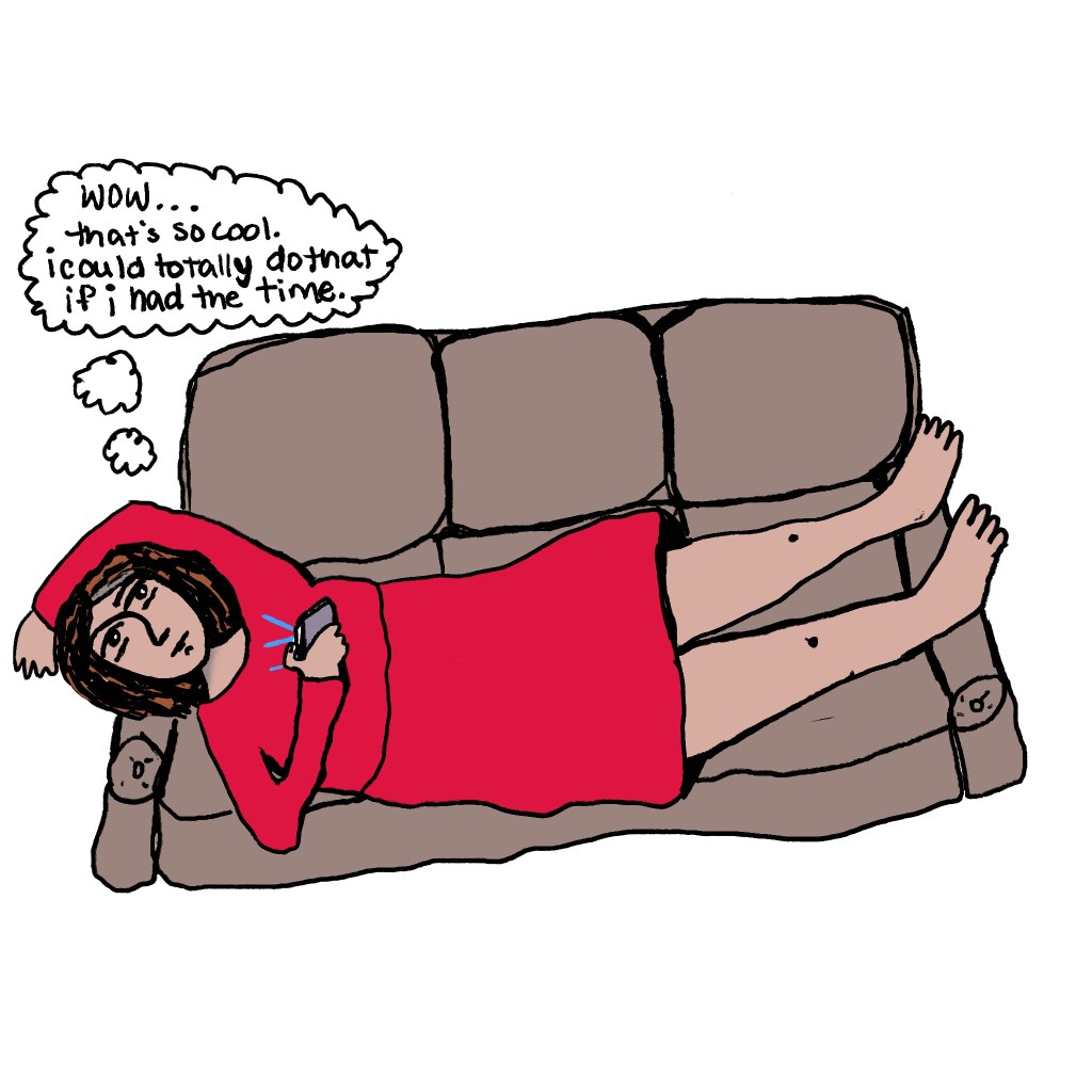 A woman sits on a couch scrolling on her phone. She thinks to herself wow, I could totally do that if I just had the time.